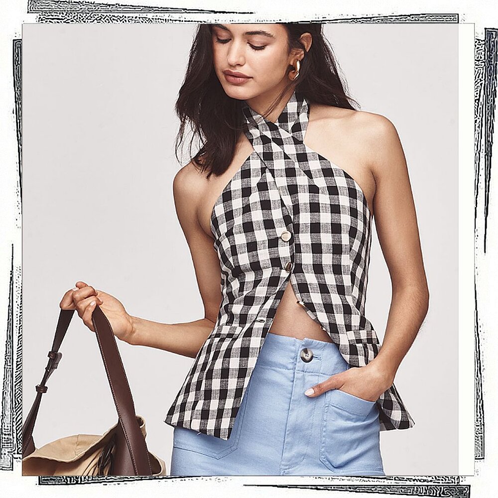 NWT: Linen Blend  Black & White Gingham Halter Top (S) by Maeve